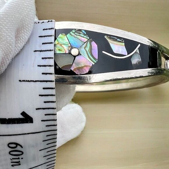 Vintage Alpaca‎ Mexico Women's Bracelet Abalone Shell Floral Silver Tone Signed - Picture 3 of 16